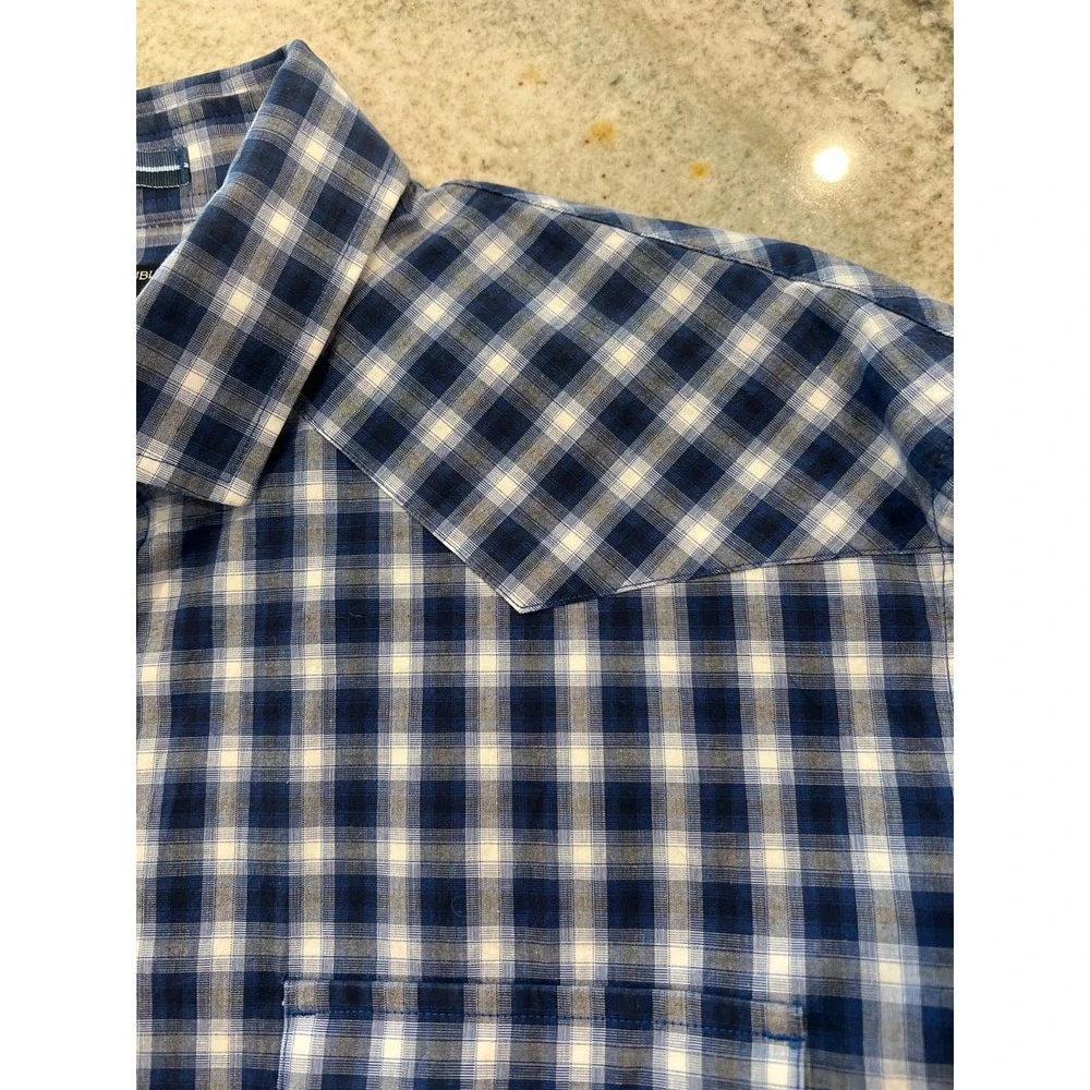 BANANA REPUBLIC Mens Blue Plaid Button Up Shirt L Slim Fit Pearl Buttons Pocket‎